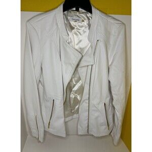 Calvin Klein Faux Leather Jacket Womens Large White Full Zip Lined Gold Accents
